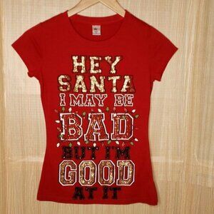 Christmas Red Hey Santa Sparkle T-shirt. Medium
